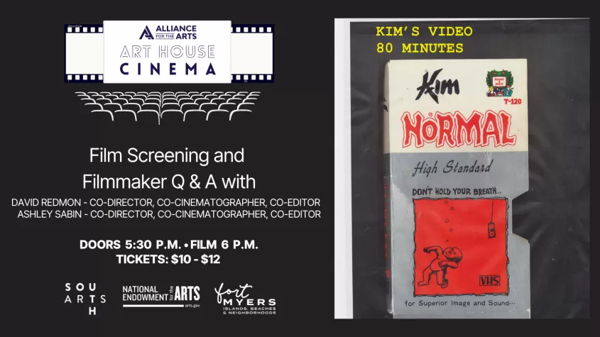 black background with a marquee saying Art House Cinema and the poster for Kim's Video that resembles an old rental vhs cover