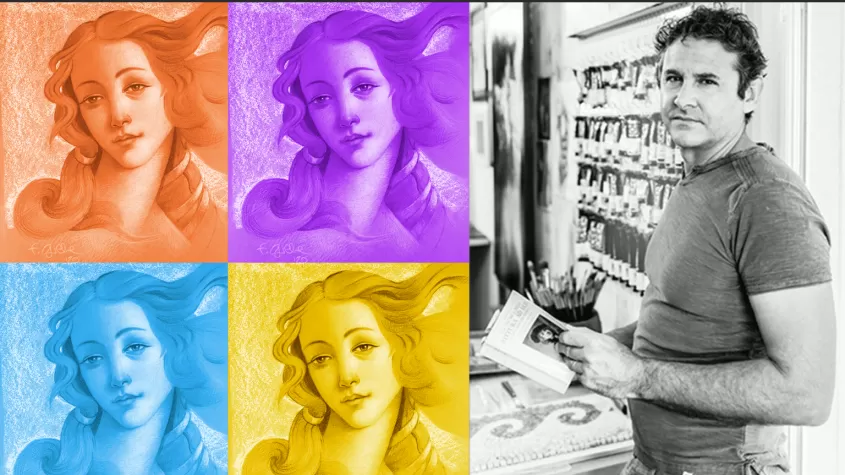 black and white image of a man on the right with four drawings of a woman in orange, purple, blue and yellow