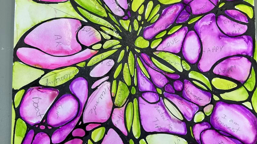 picture of a drawing with bright purple loops on bright green background with thick black lines making it look almost like stained glass. 