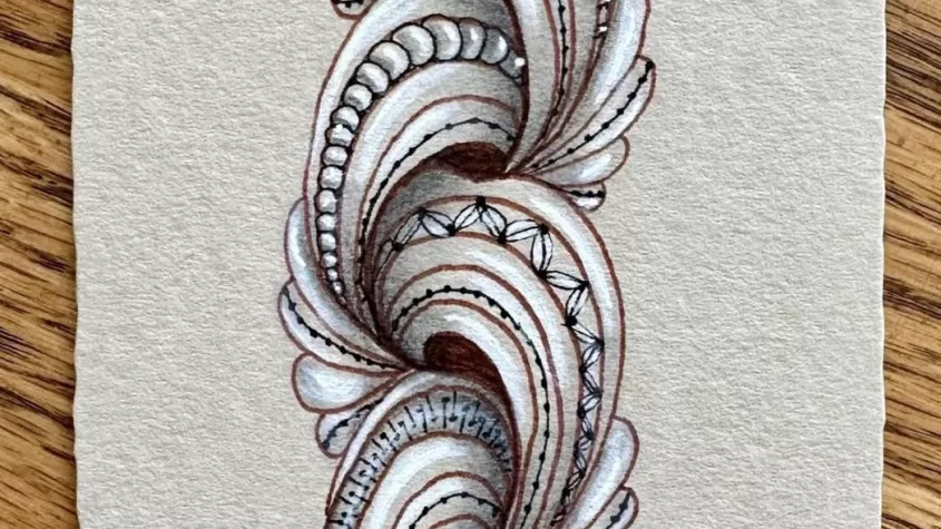 intricate sketch of curves intertwining with white, gold and grey