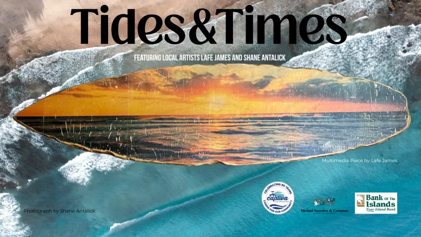 Multimedia wood surfboard art piece layered over photograph of crystal blue waves with title "Tides & Times."