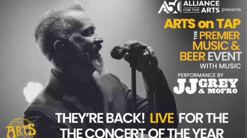 black and white image of jj grey singing with yellow and white words for the event information