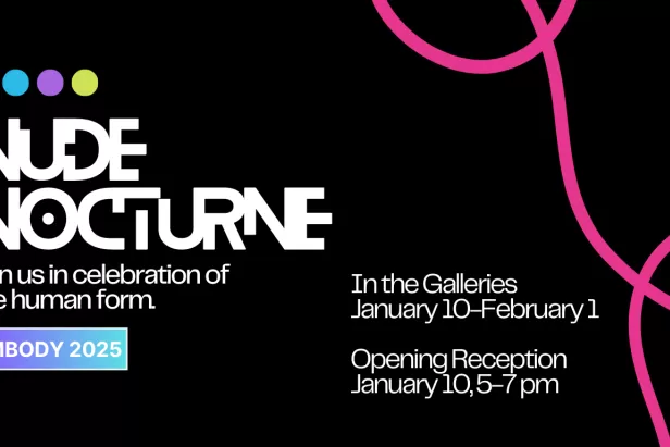 Black Background with a pink looping line on the right and white font stating Nude Nocturne and the gallery details
