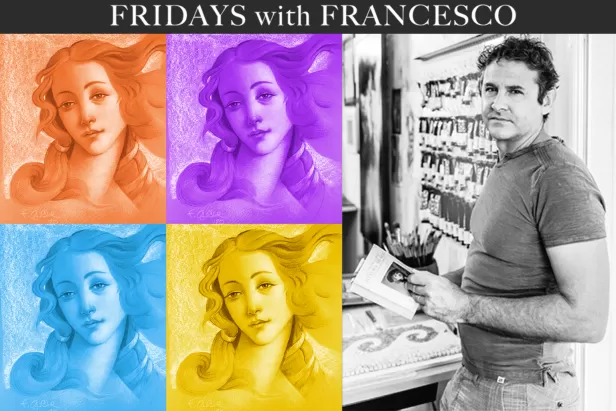 black and white image of a man on the right with four drawings of a woman in orange, purple, blue and yellow
