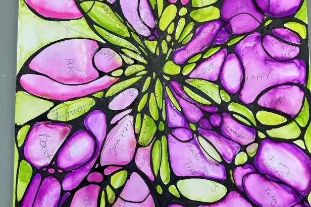 picture of a drawing with bright purple loops on bright green background with thick black lines making it look almost like stained glass. 
