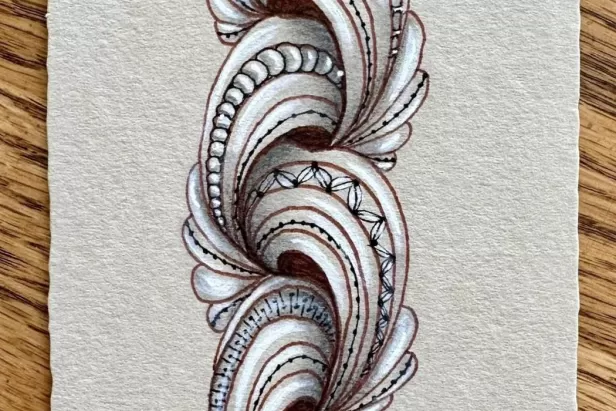intricate sketch of curves intertwining with white, gold and grey
