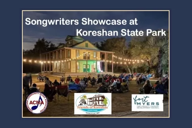 Image of a building with the text "Songwriters Showcase at Koreshan State Park"
